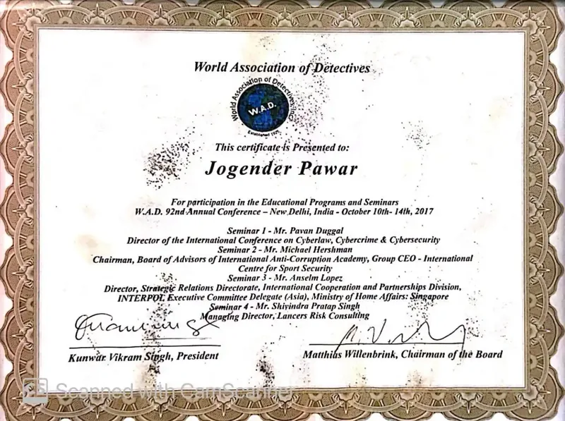 Detective Agency in Chandigarh Hawk Eye Certificate 1